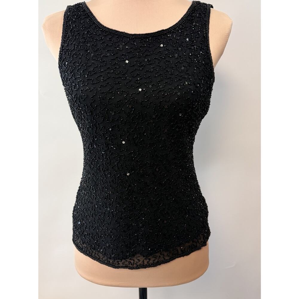 Vintage 90s Y2k Silk Fully Beaded Black Blouse Open Back Evening Cocktail Sz 6